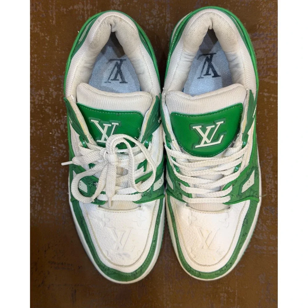 Louis Vuitton Trainer Sneaker Green White Monogram Denim Leather MS0241 Size 44